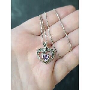 925 Sterling Silver Amethyst & Marcasite Heart Shaped Pendant Necklace Vintage